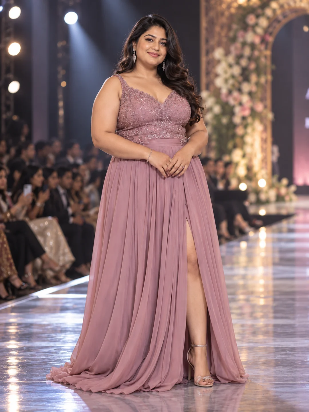 Woman wearing a mauve gown on the runway